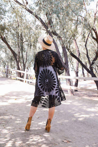 Black Bohemian Lace Embroidered Kimono