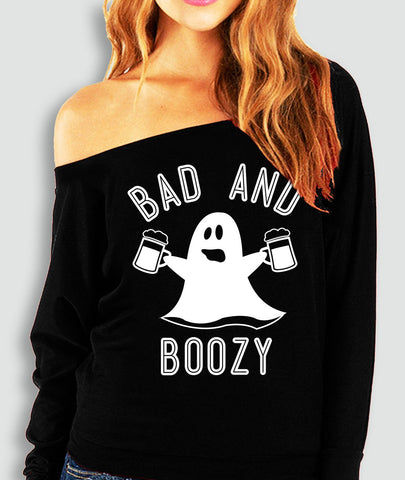 BAD & BOOZY Halloween Ghost Black Off-Shoulder Sweatshirt