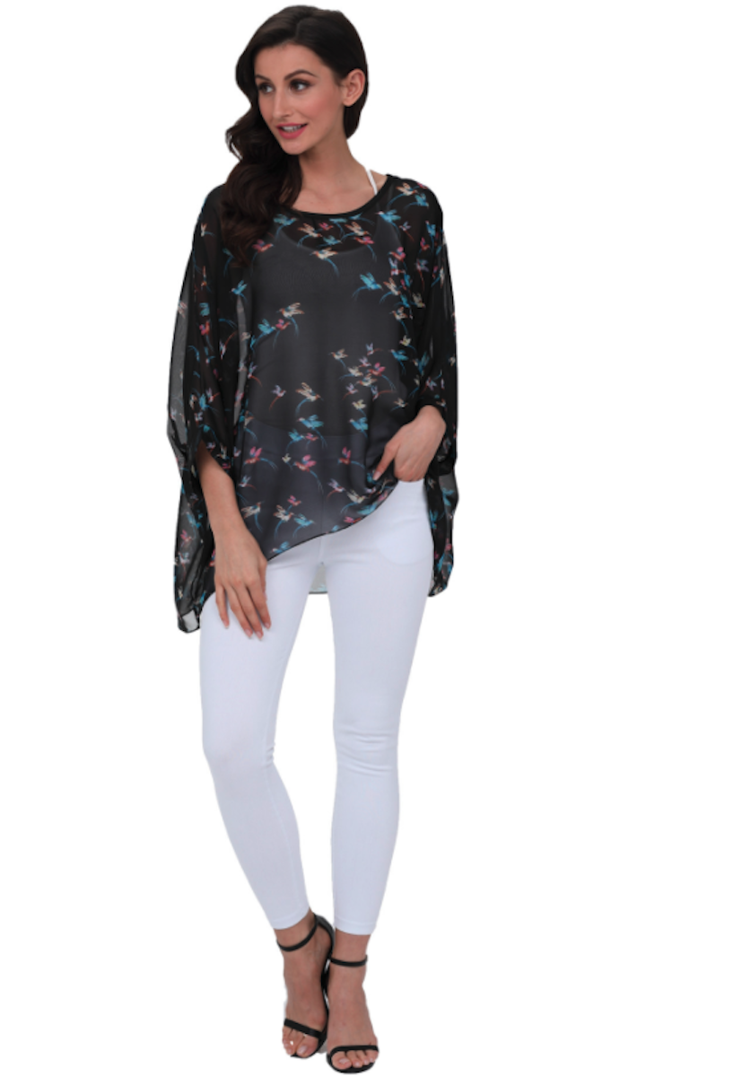 Flying Bird Print Chiffon Top