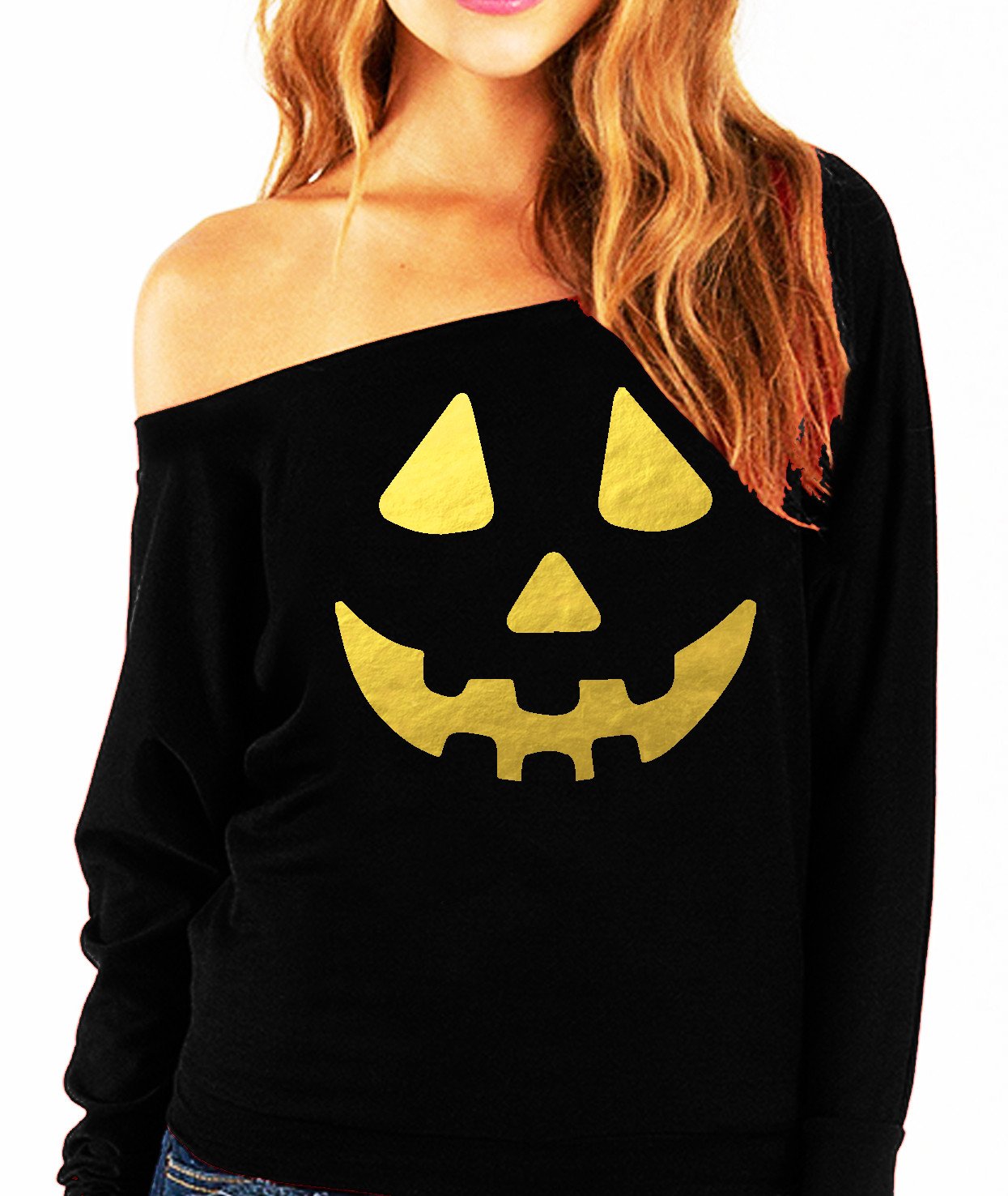 Jack O'Lantern Halloween Off-Shoulder Sweatshirt with Gold Foil Print