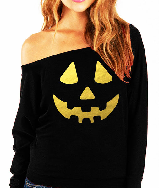 Jack O'Lantern Halloween Off-Shoulder Sweatshirt with Gold Foil Print