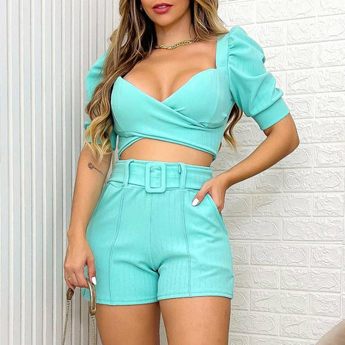 Short Puff Sleeve Shirt and High Waist Shorts Set