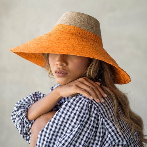 RIRI DUO Jute Straw Hat in Natural & Pumpkin Orange