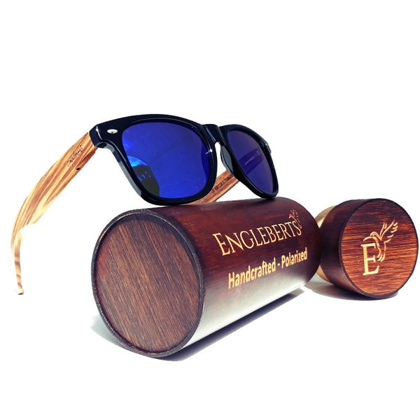 Zebrawood Sunglasses with Bamboo Case, Blue Polarized