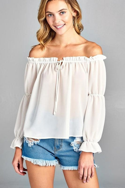 Puff Long Sleeve Ruffled Front Tie Off Shoulder Top