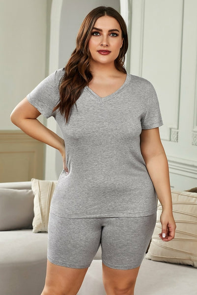 Plus Size V-Neck T-shirt and Shorts Set