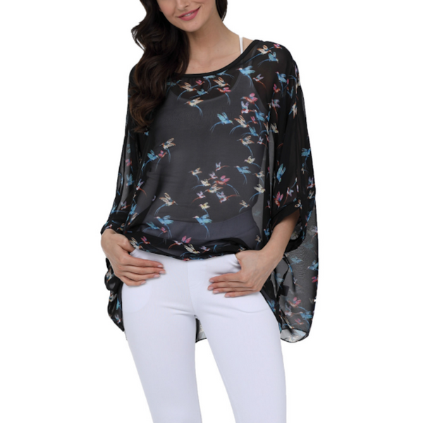 Flying Bird Print Chiffon Top