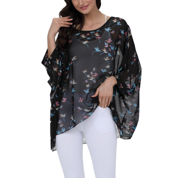 Flying Bird Print Chiffon Top