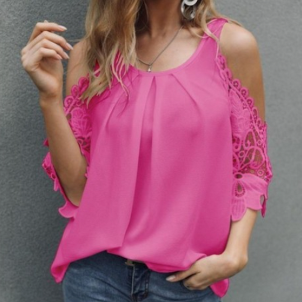 Cut Out Shoulder Lace Chiffon Top