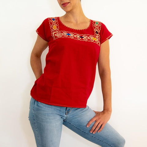 Red Blouse with Hand Stitched On Chest