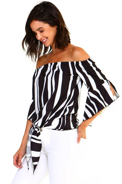 Off Shoulder Striped Bandage Blouse