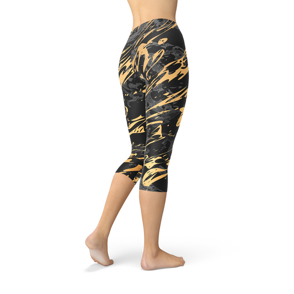 Black Gold Marble Capri Leggings