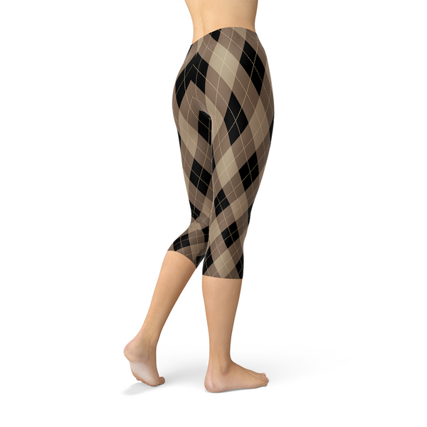 Beige Brown Argyle Capri Leggings