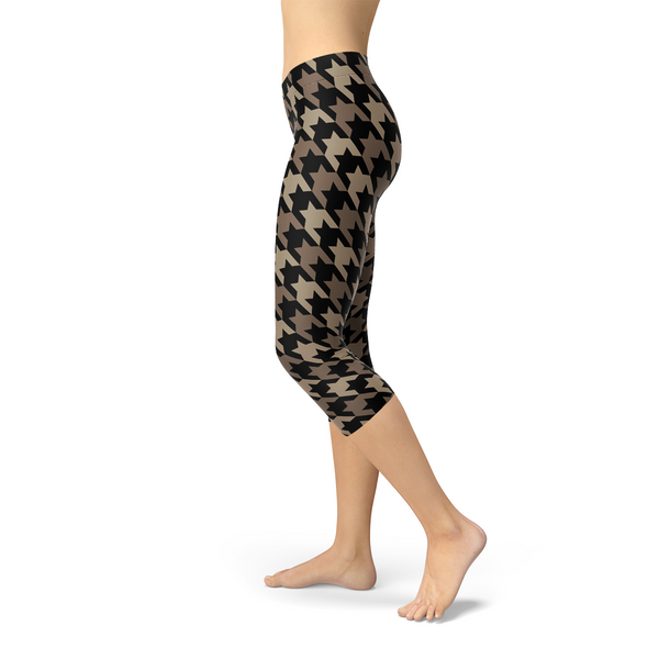 Beige Brown Houndstooth Capri Leggings