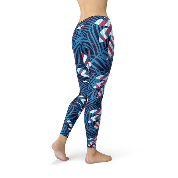 Blue Tropical Leaf Leggings