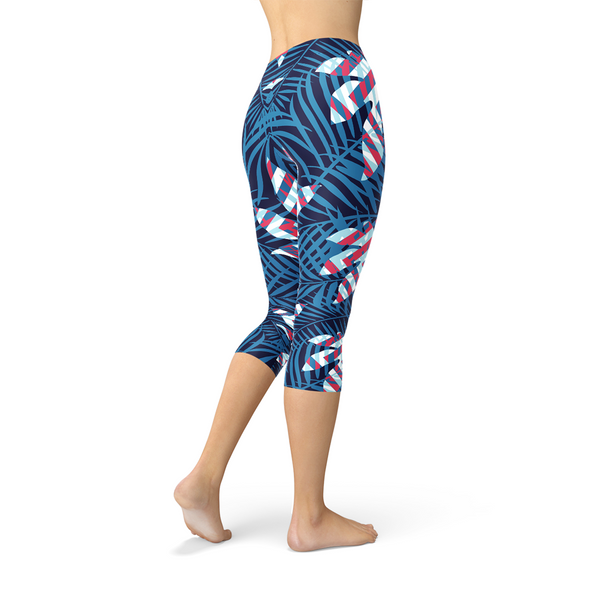 Blue Tropical Leaf Capri Leggings