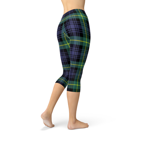 Green and Blue Plaid Tartan Capri Leggings