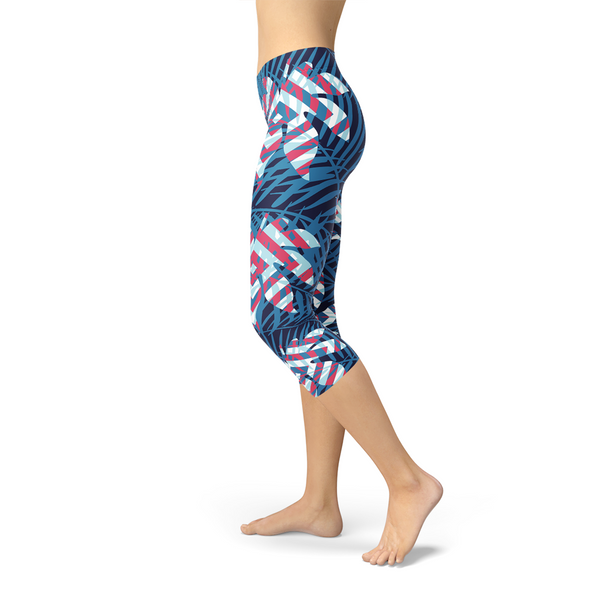 Blue Tropical Leaf Capri Leggings