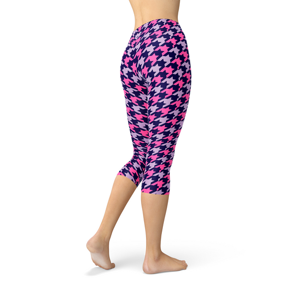 Pink Purple Houndstooth Capri Leggings