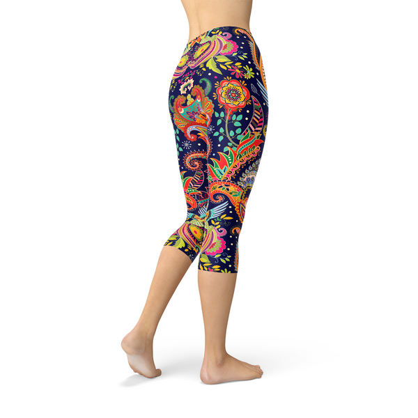 Ornamental Blue Paisley Capri Leggings