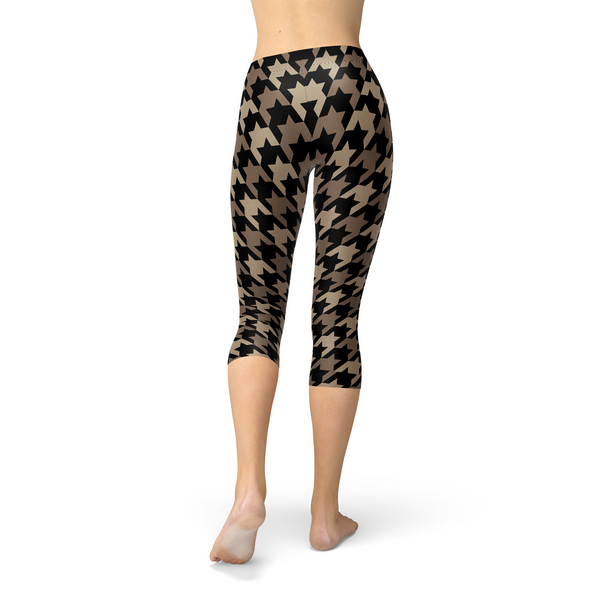 Beige Brown Houndstooth Capri Leggings