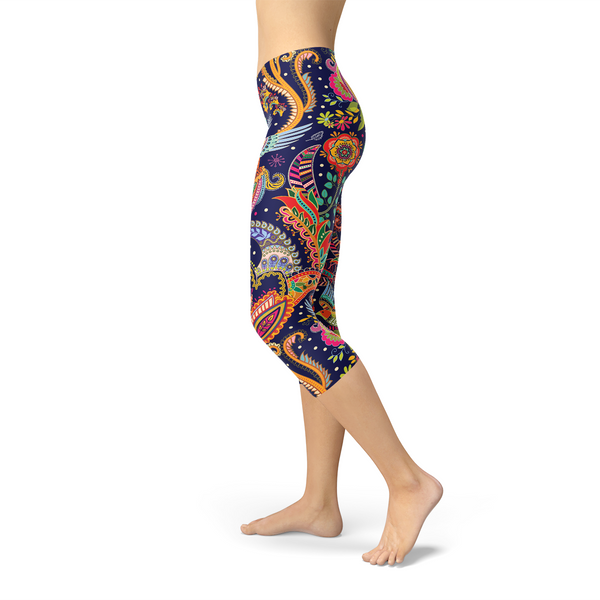 Ornamental Blue Paisley Capri Leggings