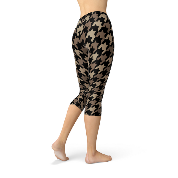 Beige Brown Houndstooth Capri Leggings