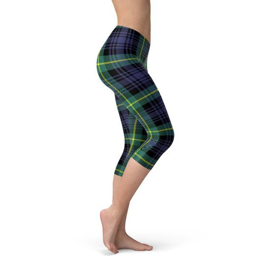 Green and Blue Plaid Tartan Capri Leggings