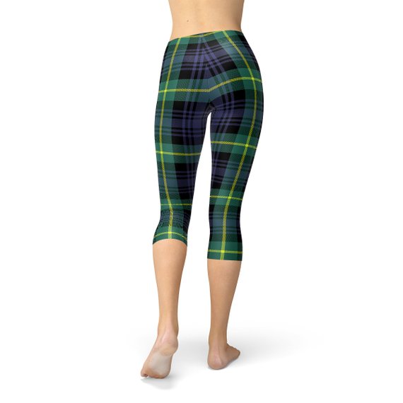 Green and Blue Plaid Tartan Capri Leggings