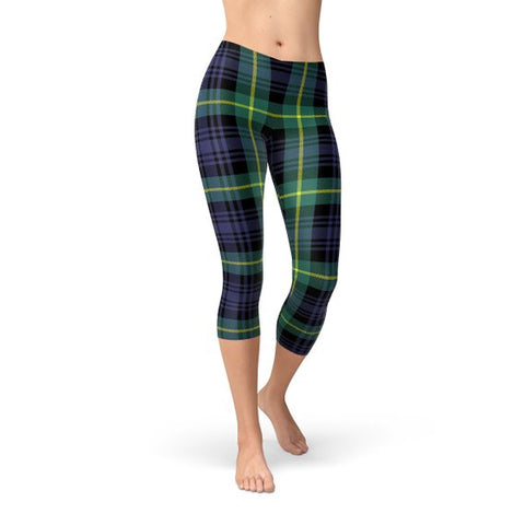 Green and Blue Plaid Tartan Capri Leggings