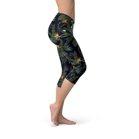 Bird of Paradise Black Capri Leggings