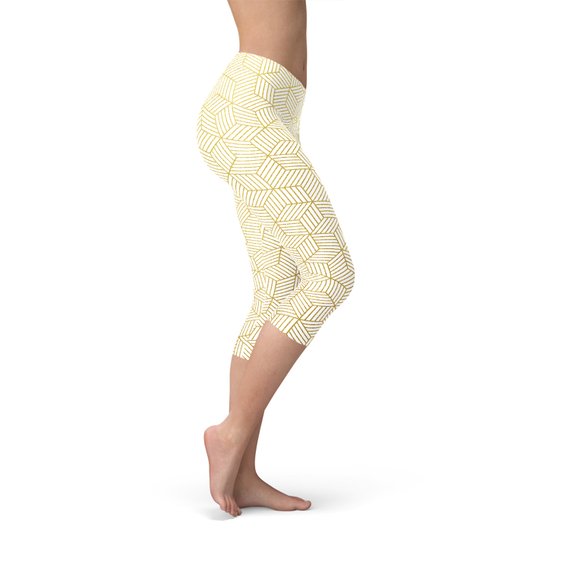 White Geometric Cubes Capri Leggings