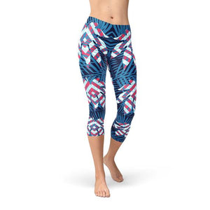 Blue Tropical Leaf Capri Leggings