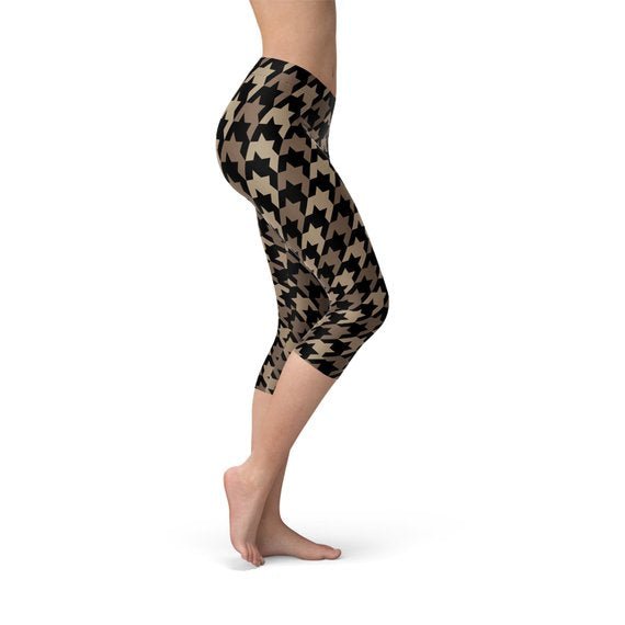 Beige Brown Houndstooth Capri Leggings