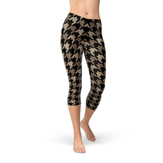 Beige Brown Houndstooth Capri Leggings