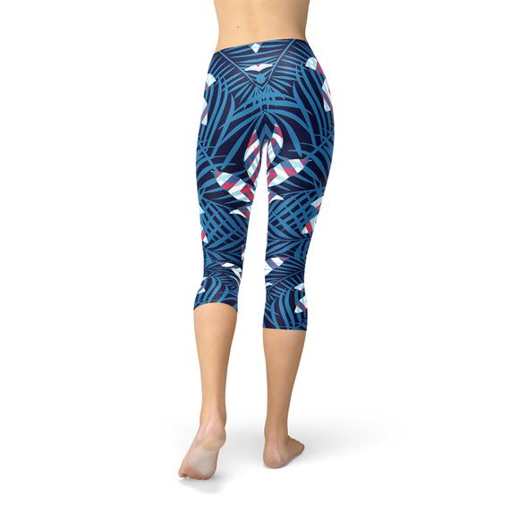 Blue Tropical Leaf Capri Leggings