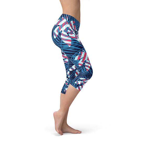 Blue Tropical Leaf Capri Leggings