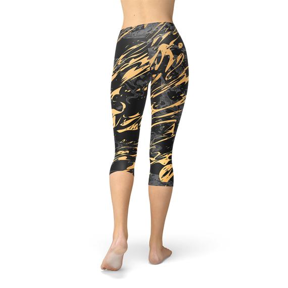 Black Gold Marble Capri Leggings