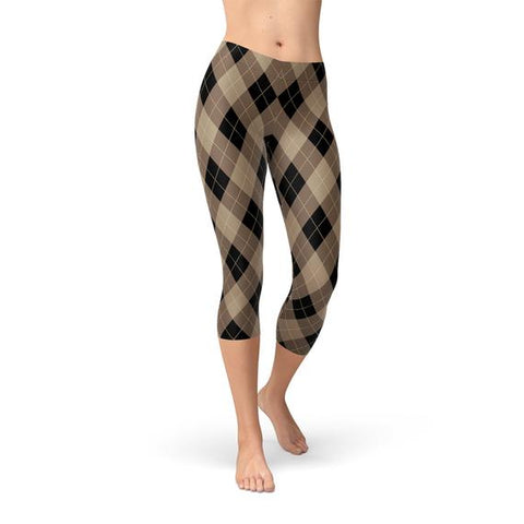 Beige Brown Argyle Capri Leggings